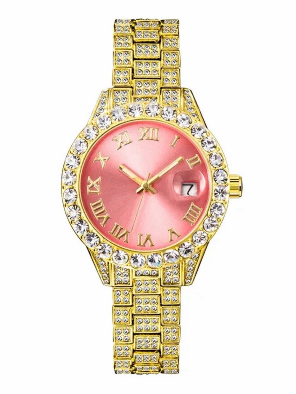 Gold Icy Princess Pink Bling Diamond Watch